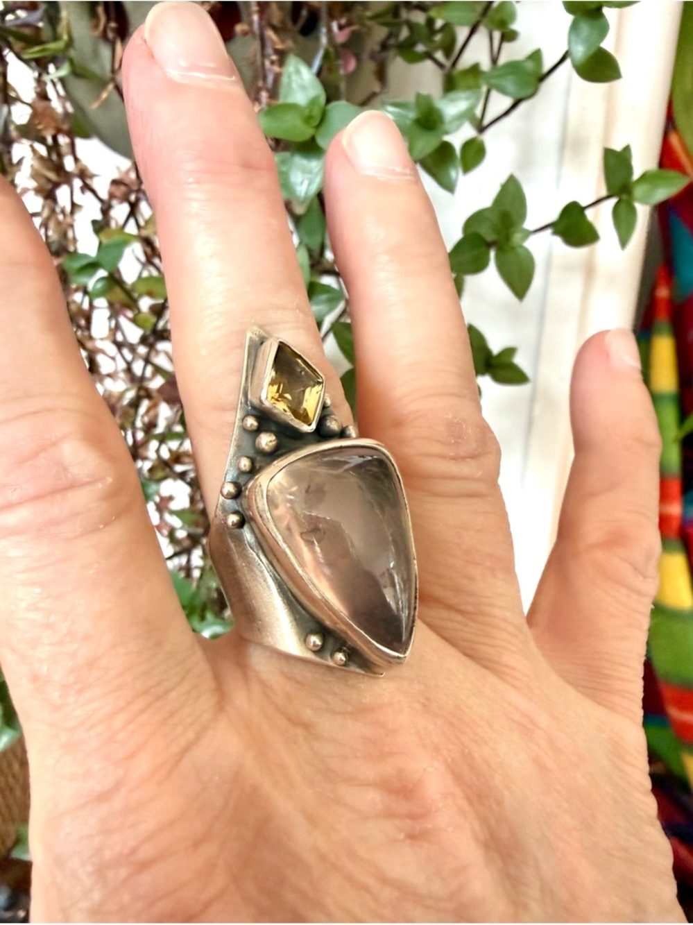 Acid Queen Warrior Shield Ring, Rose Quartz and Citrine, Size US 8 - Picture 6 of 9